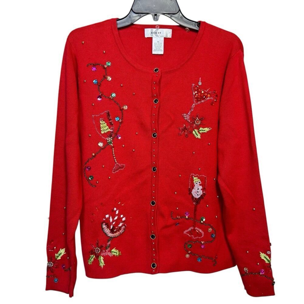 KIKIT Christmas Cardigan Size M Red Beaded Sequins Flowers Drinks Snowman Lights